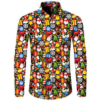 Funny Christmas Theme Digital 3D Printing Men's Button Lining Casual Long Sleeve