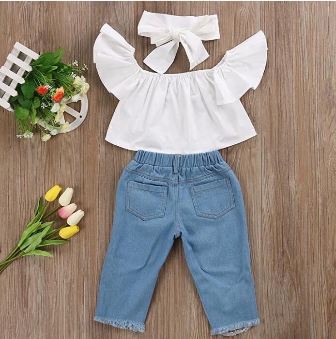 Girl's Hole Jeans White Top 3 Piece Set