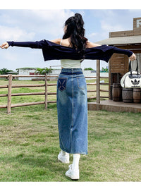 Front Slit High Waist Denim Skirt For Women