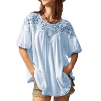 Lace-panelled Round-neck Short-sleeve Loose Womens Blouse