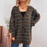 Retro Loose Striped Contrast Color Single-breasted Long Knitted Cardigan Sweater