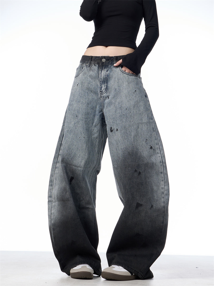 Splash-ink Washed Jeans Loose Casual Straight Trousers