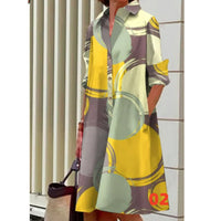 Elegant Polka-dot Printed Shirt-collar Mid-length Dress With Long Sleeves