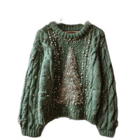 Womens Crew-neck Printed Long-sleeve Knit Sweater