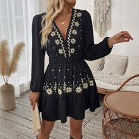 Embroidered Deep V-Neck Long-Sleeve European And American-Style Dress