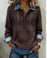 Womens Retro Printed Stand Collar Long-Sleeve Top
