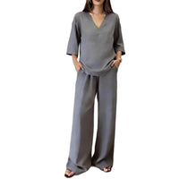 Women's V-neck Short-Sleeve Top And Wide-Leg Pants Casual Set
