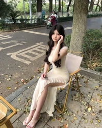 Small Flutter Sleeves Waist-cinching Mesh Skirt Asymmetrical Long Dress