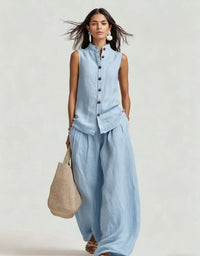 Stand-up Collar Sleeveless Shirt And High-waisted Wide-leg Pants Set