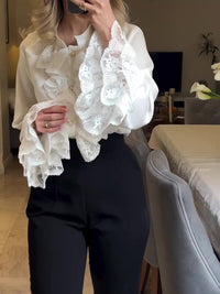 Elegant White Lace Flared Sleeve Shirt