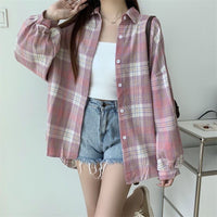 Loose-fitting Korean-style Plaid Shirt For Women