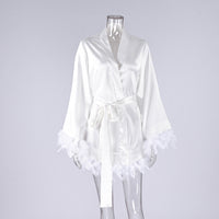 Feather-print Long-sleeve Nightgown Luxurious Sleepwear Womens Loungewear