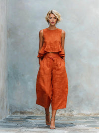 Womens Linen-blend Two-piece Set With Ruffled Detailing