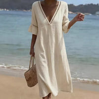 Loose-fitting Solid-color Cotton-Linen Lace V-neck Dress