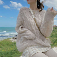 Laid-back Versatile Loose-fitting Openwork Knit Topultrathin
