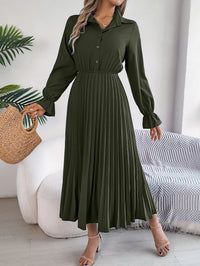 Women's Casual Lapel Button Long Sleeve Tie Waist Pleated Maxi Dress