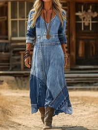 Personalized Retro Chic V-Neck Long-Sleeve Dress