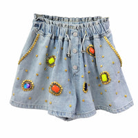 Diamond Beaded High Waist Women's Wide-Leg Denim Shorts