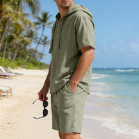 Men's Linen Hooded Casual Set - Loose Fit Breathable Two-Piece Outfit For Summer Daily Wear Holiday Outfit