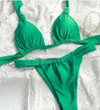 Bikini Pleated Split Strap Pure Color And Knotted Swimsuit