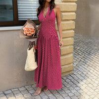 Resort-style Halter-neck Polka-dot Waist-cinched Dress