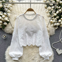 Hollow-out Slim-fit Short Age-reducing Puff Sleeve Top