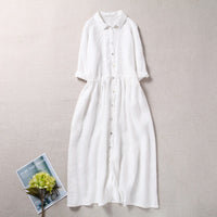 Wide Long-Sleeve Polo-Neck Cotton-Linen Embroidered Dress For Women