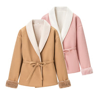 Casual Waist Belt Spliced Woolen Coat