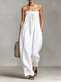 Womens Lace-up Tube Top Strapless Ruched Jumpsuit