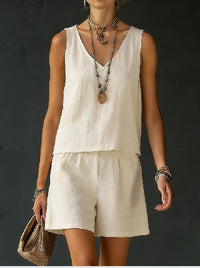 Sleeveless Linen Cotton Top Vest And Shorts Womens Solid Color Two-Piece Set