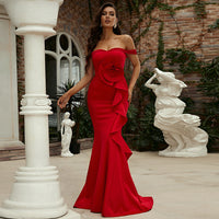 Off-neck Sleeveless Elegant Slim-fit Long Solid Color Banquet Dress