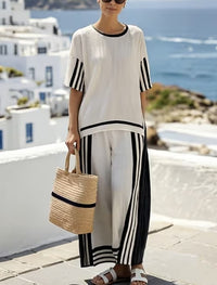 Women'S Loose Slit Contrast Striped Pants Set