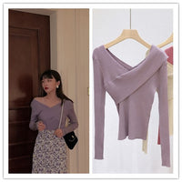 Crossbody Off-the-shoulder V-neck Cross-wire Knitted Sweater