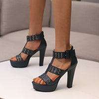 Peep-Toe Chunky Heel Ultra-High Heel Hollow-Out Back Zip High-Heel Sandals Leather Strap Buckle Ankle Boots