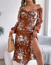 Women's Sexy Tie Knot Floral Print Long Sleeve Split Dress