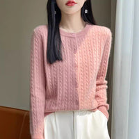 Women's Round Neck Wool Cardigan Twisted Wool Sweater