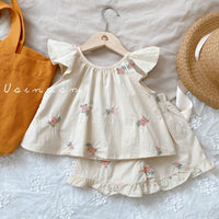 Baby's Embroidered Children's Flounced Sleeve Vest Shorts Two-piece Set