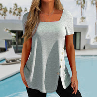 Printed Button-Front Slit Short-Sleeve Top T-Shirt Womens
