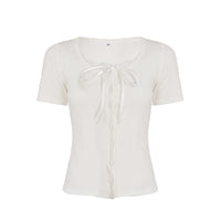 Pure Girl Lace Stitching Tied Square Collar Short Sleeve T-shirt