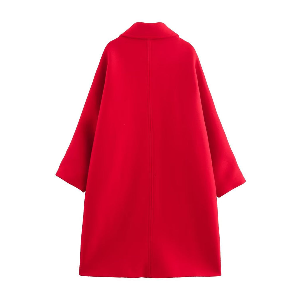 Graceful And Fashionable Lapel Long Sleeve Single-breasted Red Coat For Women