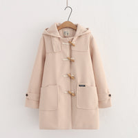 Retro Horn Button Hooded Woolen Coat