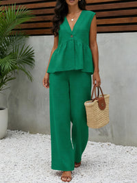 Womens Casual V-neck Top And Wide-leg Pants Two-piece Set