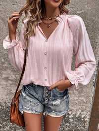 Half-open Collar Single-breasted Ruffle Sleeve Striped Shirt