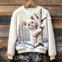 New Flannel Printed Christmas Sweet Crew-Neck Top With Snowman Design