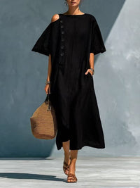 Solid-color Linen Crew-neck Short-sleeve Casual Dress For Women