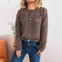 Simple Commute Color Button Chest Pocket Decorative Knitted Sweater