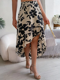 Women's Elegant Floral Print Ruffle Hem Midi Asymmetric Skirt