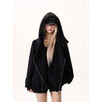 Retro Double Zipper Stitching Deconstructing Air Layer Hooded Sweater