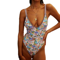 US Women's Fashion Printing Hollow Out One Piece Swimsuit