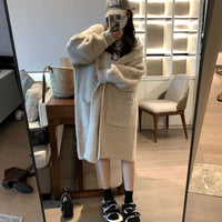 Womens Solid-Color Loose Hooded Sweater Jacket